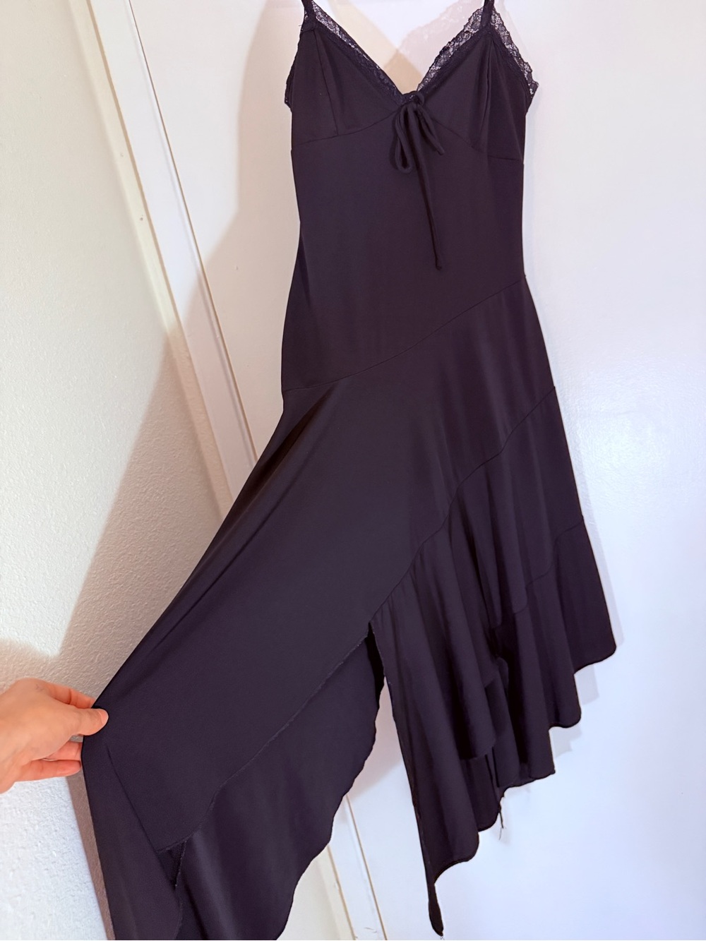 one clothing yk2 Black Asymmetrical Slip Skirt with Lace Trim